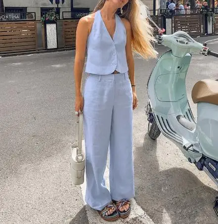 

2025 Fashion Two Piece Set for Women Hot Selling Sexy Elegant Summer New Product Blue Cotton and Hemp Sleeveless Vest Pants Set
