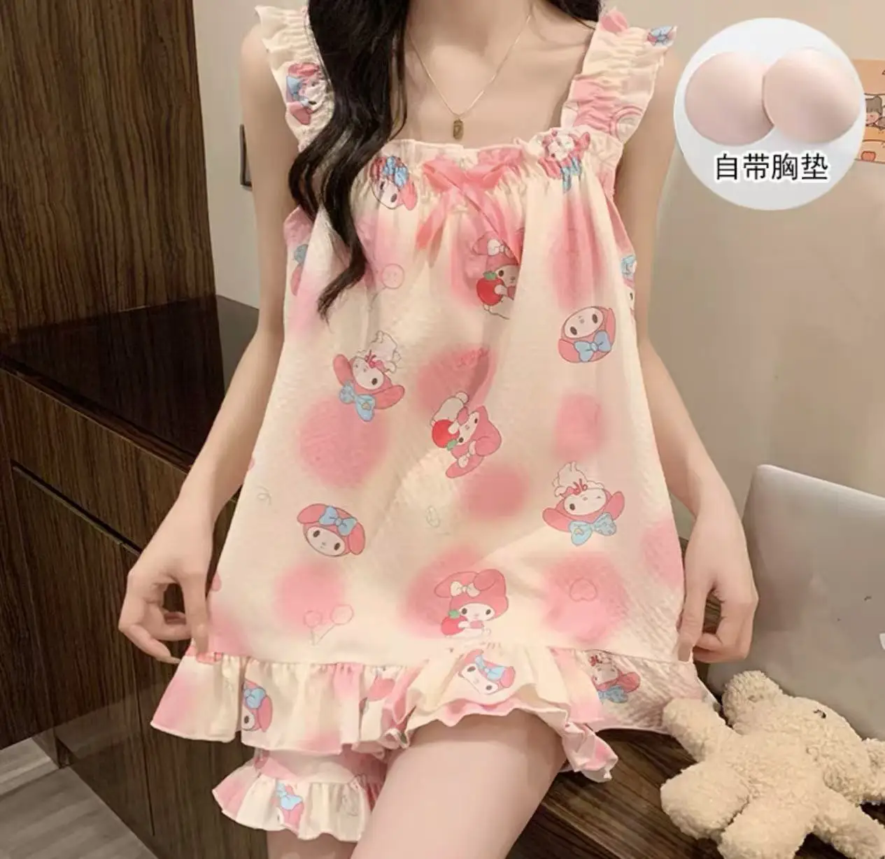 

Sanrio HelloKitty Women's Home Clothing Set My Melody Cinnamoroll Pajamas Pure Cotton with Chest Pad Cartoon Print Summer Style