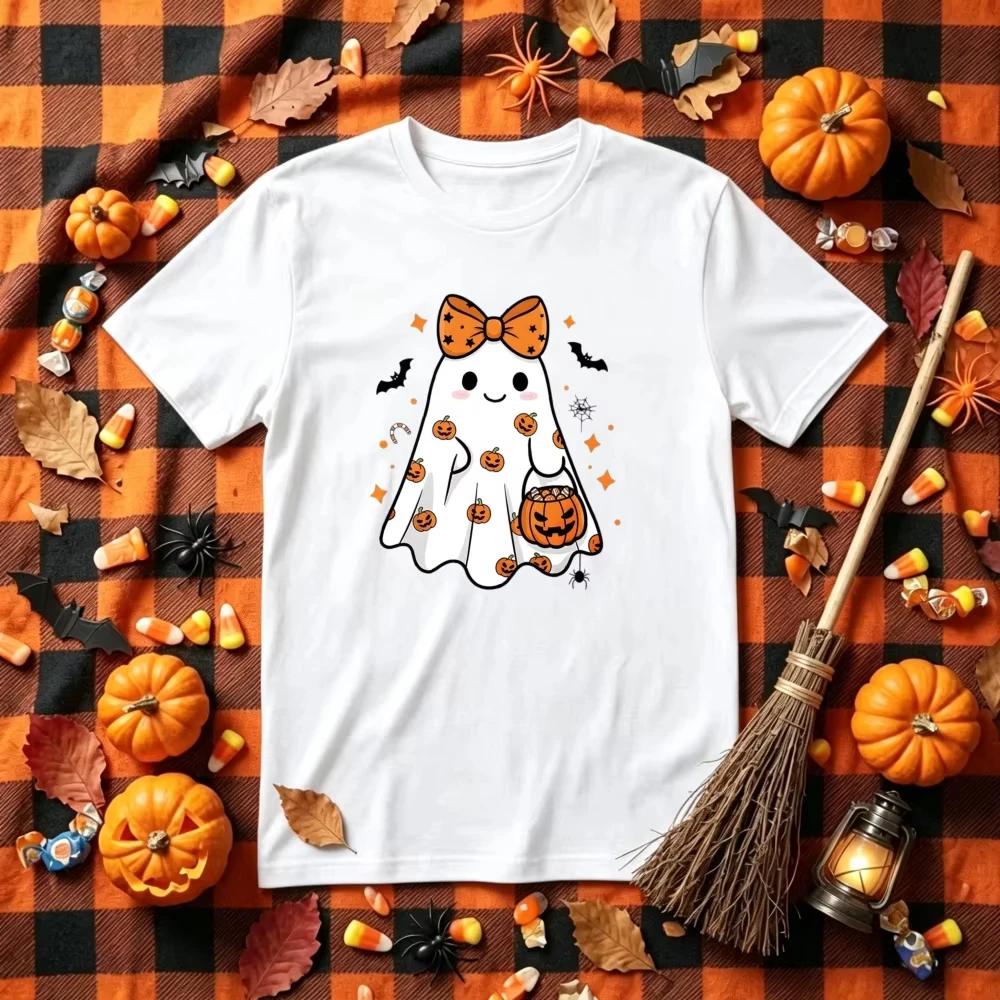 Cute Kawaii Halloween Ghost Pumpkin Bow Bat Spider Graphic T-Shirt Unisex Cotton Short Sleeve Spooky Season Party Costume Shirt