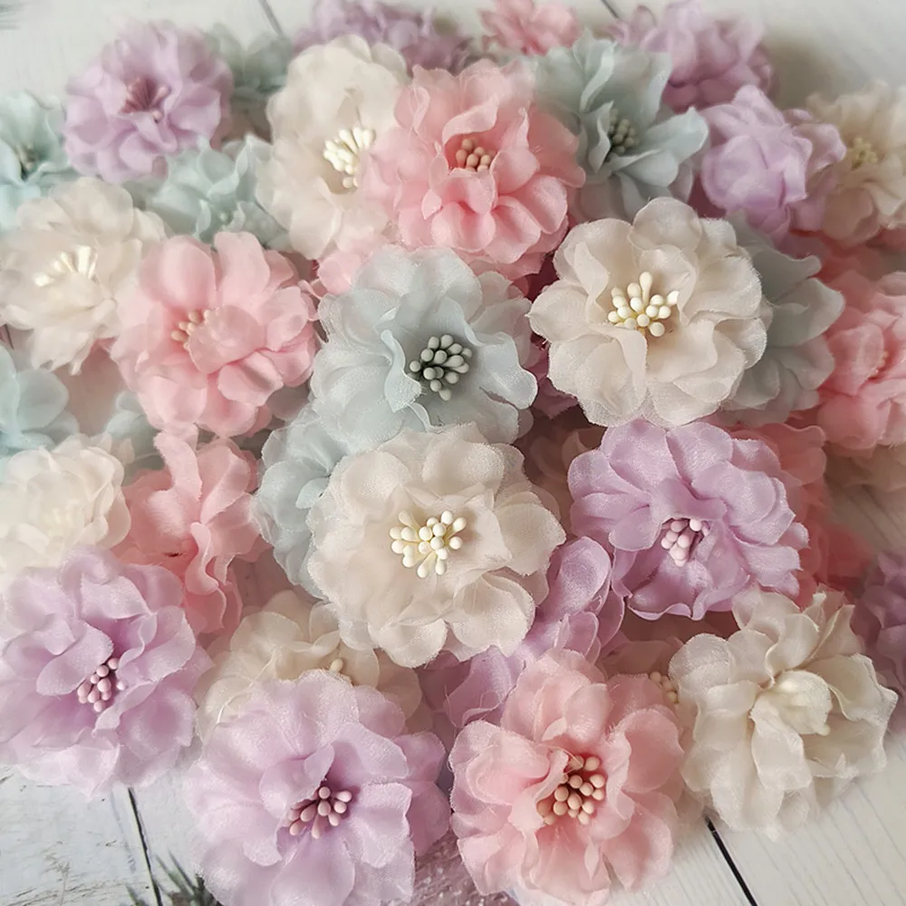 10Pcs 4CM Handmade Chiffon Multilayer Fabric Cored Flowers For DIY Hair Accessories Hats Headband Wedding Dress Decoration