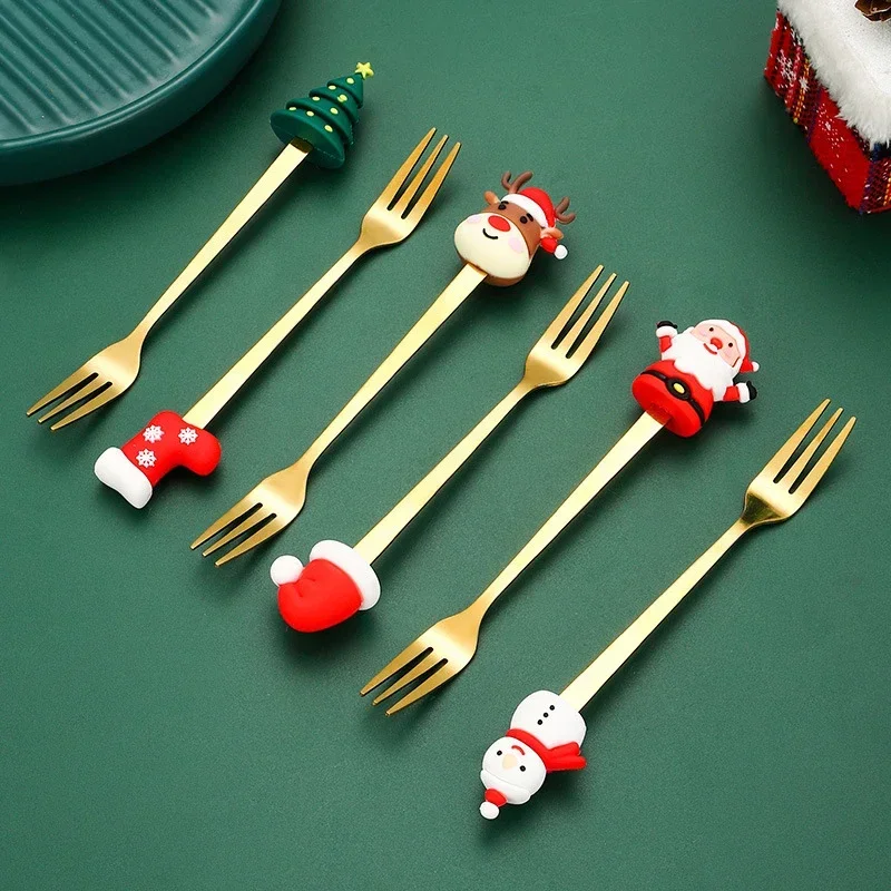 6-24PCS Christmas Cutlery Set Santa Claus Coffee Spoon Dessert Spoon Fruit Fork Cartoon Tableware Gift Box for Holiday Parties