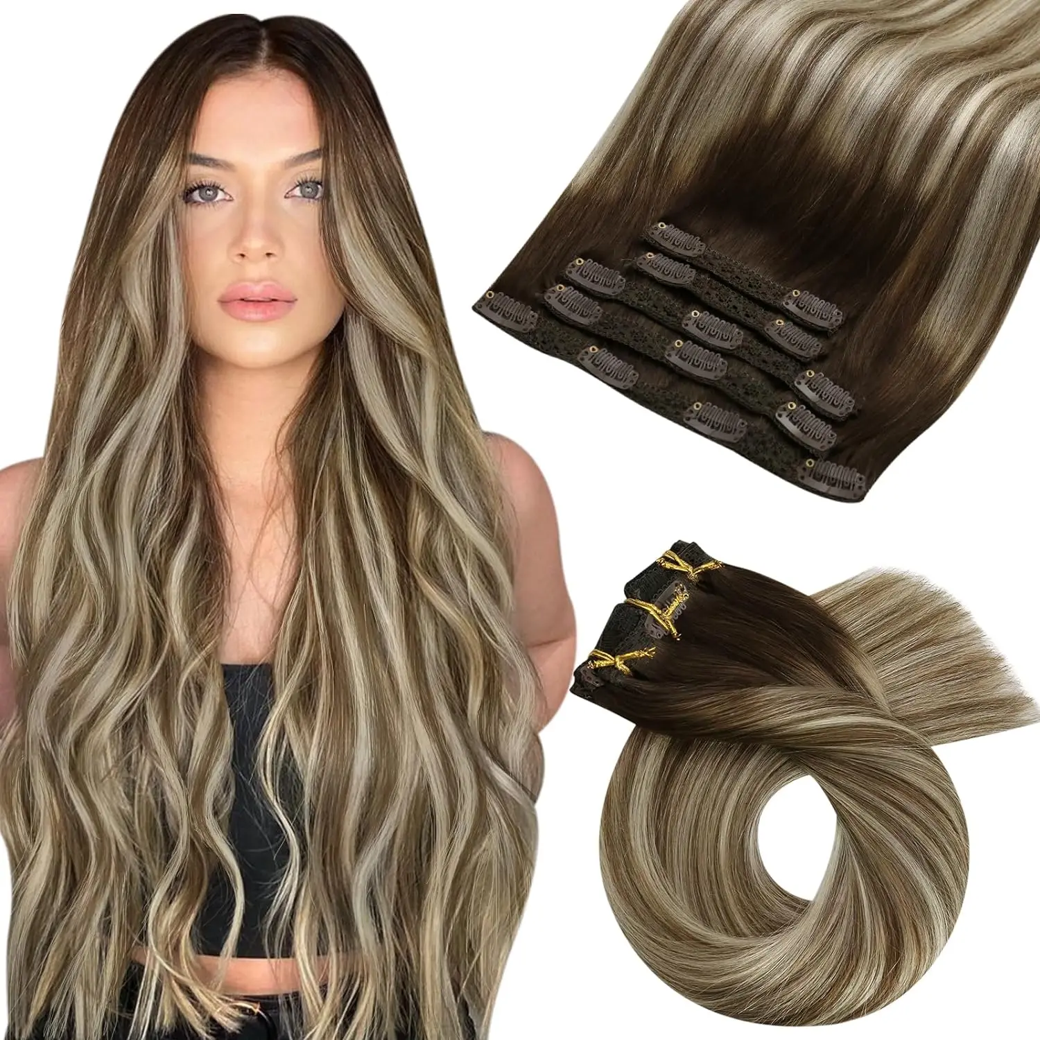 Moresoo Clip in Hair Extensions Real Human Hair Ombre Real Hair Extension Clip in Human Hair 5PCS 70G Remy Clip in Extensions