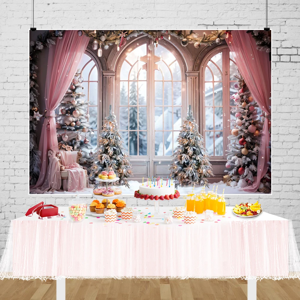 Laeacco Winter Christmas Window Scene Backdrop Snow Forest Pink Curtains Xmas Trees Gift Family Portrait Photography Background