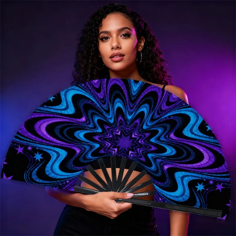 1pc Retro Psychedelic Kaleidoscope Handheld Fan for Men - Portable Suitable for Festivals, Parties, Cosplay, Clubs| Battery-Free Operation with Kaleidoscopic Star Design in Blue/Purple/Black| Plastic Fan for Gifts & Dynamic Style