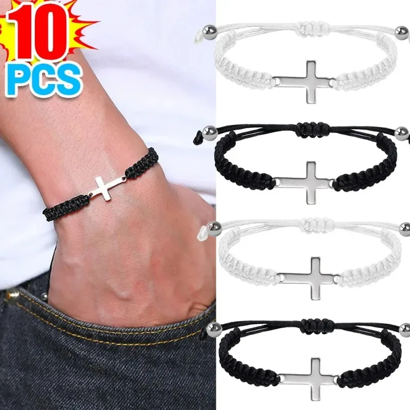 Vintage Cross Bracelets Handmade Knitting Rope Trendy Black White for Women Men Couple Christian Charms Pray Lucky Jewelry