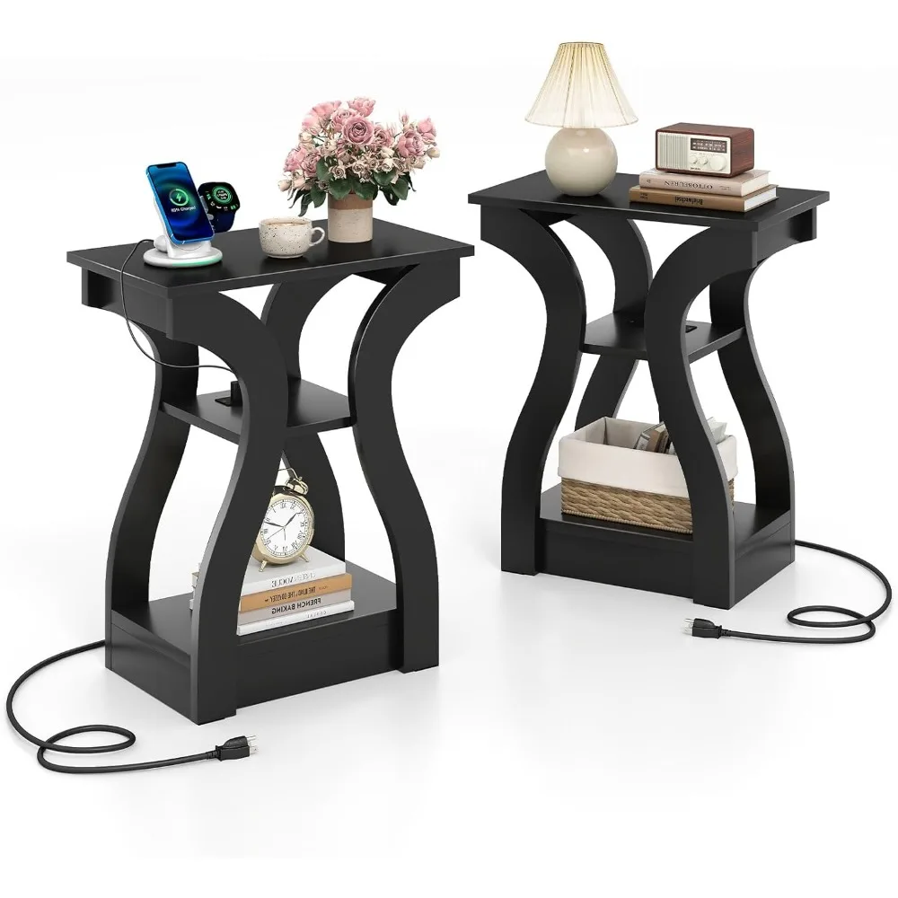 

Narrow End Tables with Charging Station Set of 2, Wood Sofa Side Tables with Open Storage Shelves, Bedside Tables with U