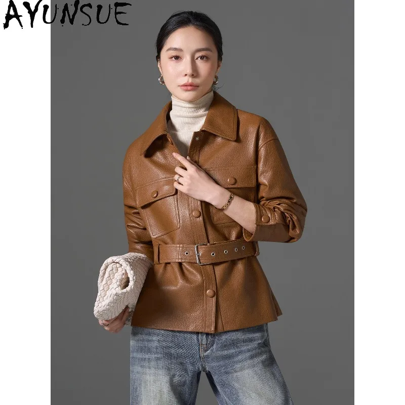 AYUNSUE Sheepskin Jackets for Woman 2026 Fashion Cinched Waist Real Leather Jacket Woman Commute Outerwear Woman Clothes 신상아우터