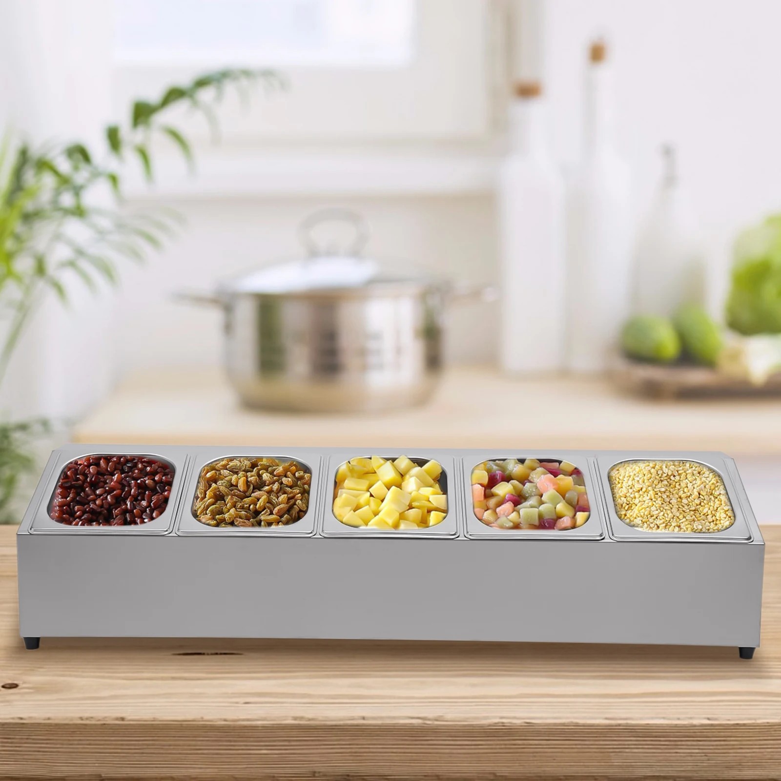 Stainless Steel Spice Rack Shelf Organizer Stand Countertop Inclined w/ 5 Food Containers & Lids for Restaurant Home Fruit Shop