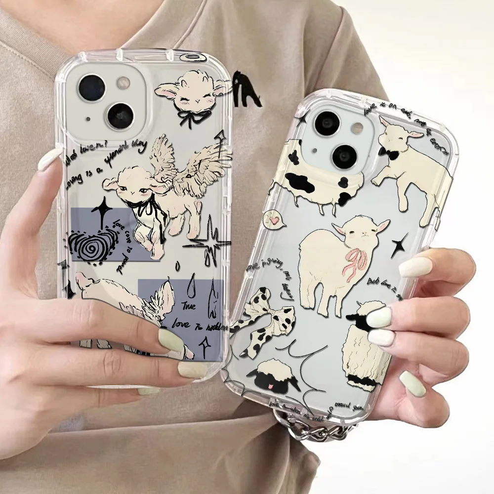 Cute Little Lamb Angel Sheep Phone Case for IPhone 16 15 14 13 12 11 Pro Max 7 8 Plus X XR XSMax Airbag Anti Fall Clear Cover