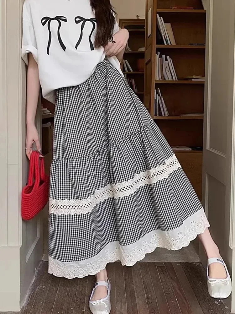

Zoki кружевные лоскутные клетчатые длинные юбки женские с высокой талией винтажная милая юбка корейский повседневный стиль преппи элегантные юбки трапециевидной формы новые