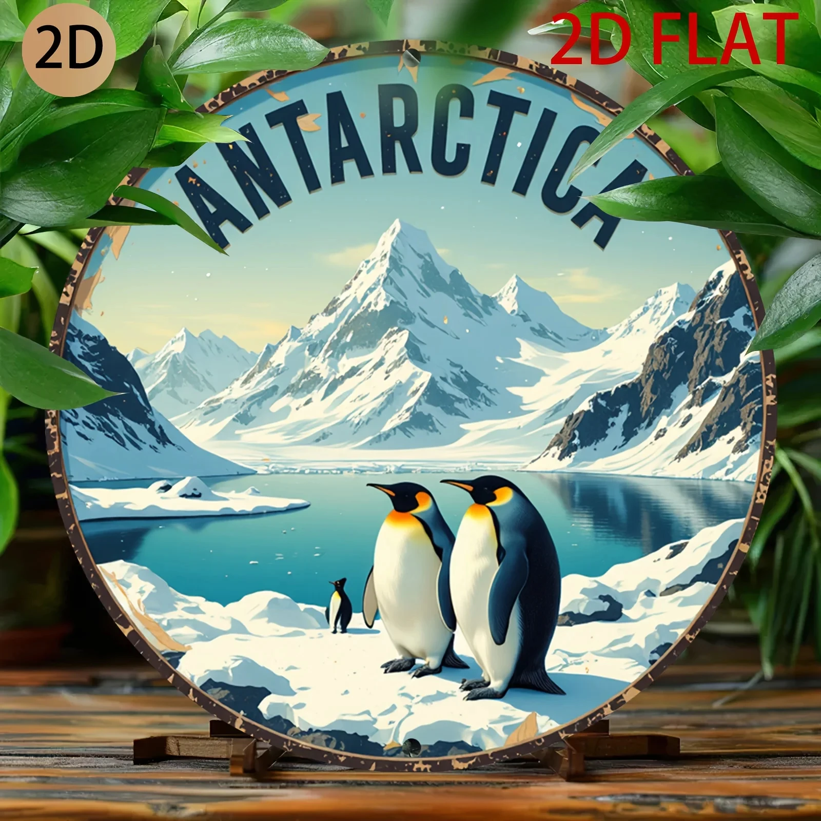 Hd Tin Sign, Antarctic Penguin Mountain Scene Round Metal Wall Art, Suitable for Vintage Travel Decoration in Home or Office