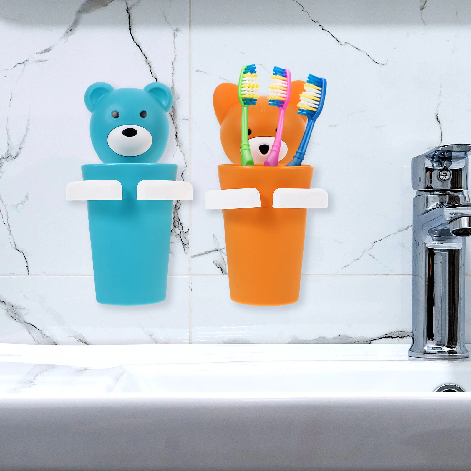 

Cartoon Toothbrush Cup Holder 2 Sets Wall Mount Bathroom Wash Cups Safe Reusable Storage Rack Kids Fox Toothpaste