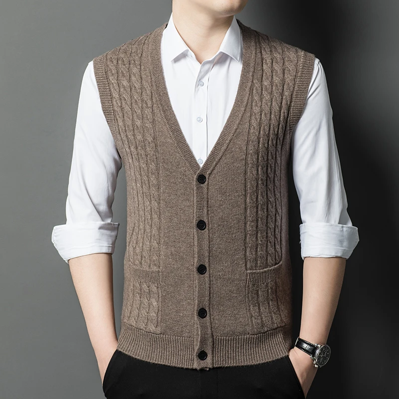 

Жилет из 100% овечьей шерсти для мужчин, однобортный толстый кашемировый шерстяной свитер без рукавов, мужской теплый вязаный кардиган с v-образным вырезом, жилет