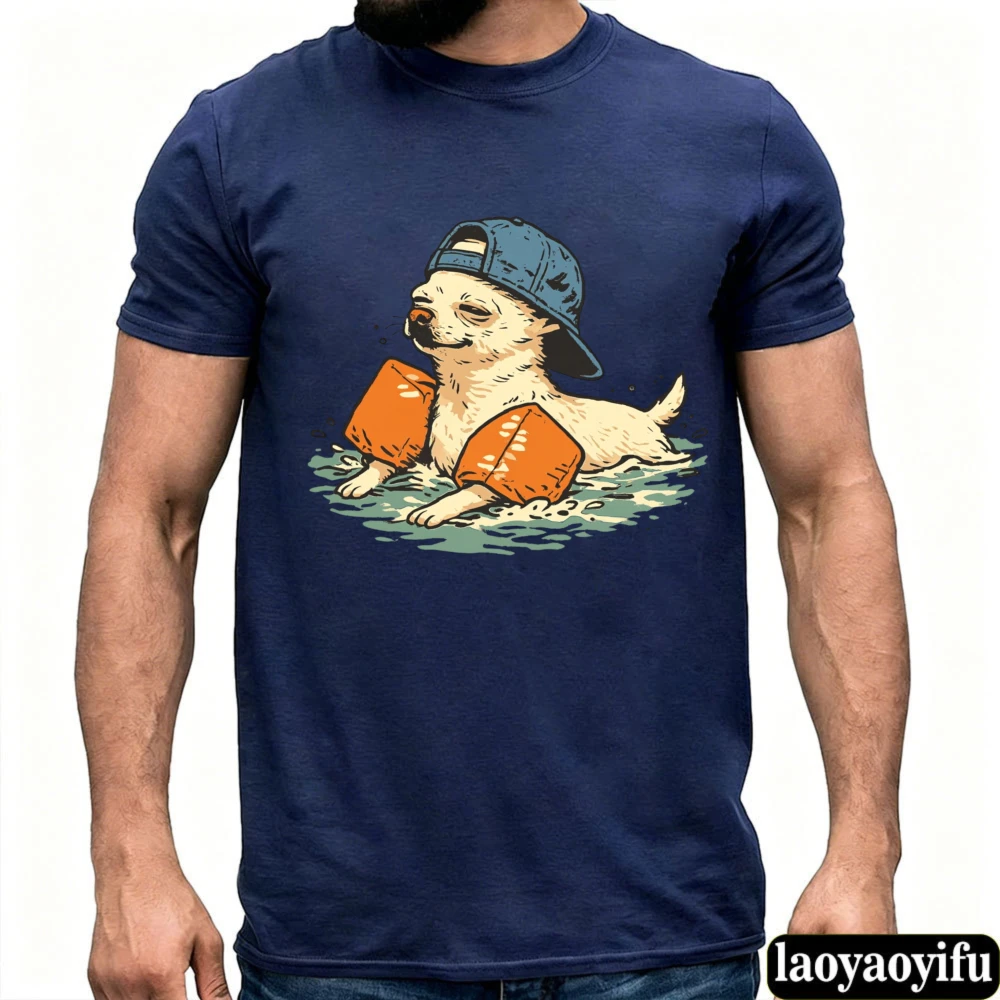 Cool Chihuahua Dog Swimming with Arm Float Cap Graphic Tee Summer Casual Short Sleeve Crew Neck Tops Vintage Animal Print Tees