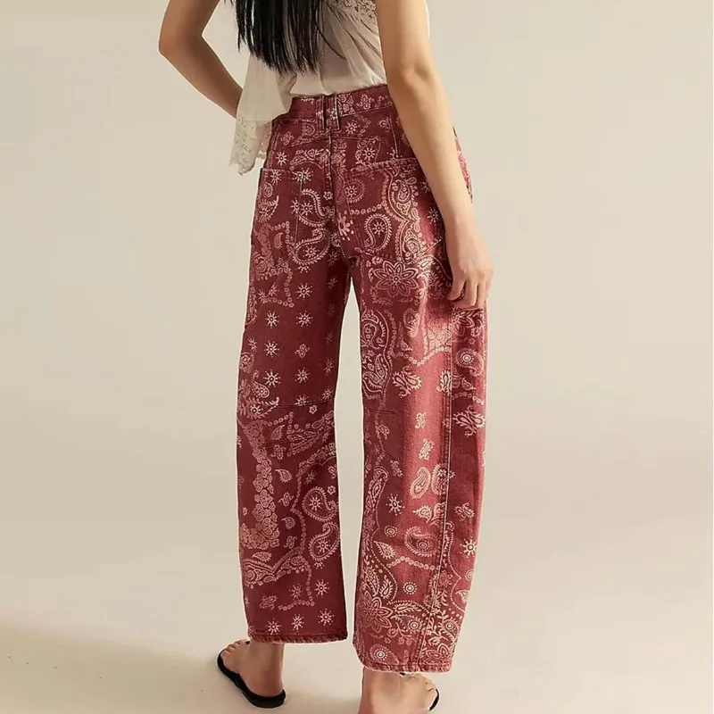 New Spring and Autumn Women's Loose Denim Flower Print Denim Pants Wide-leg Pants