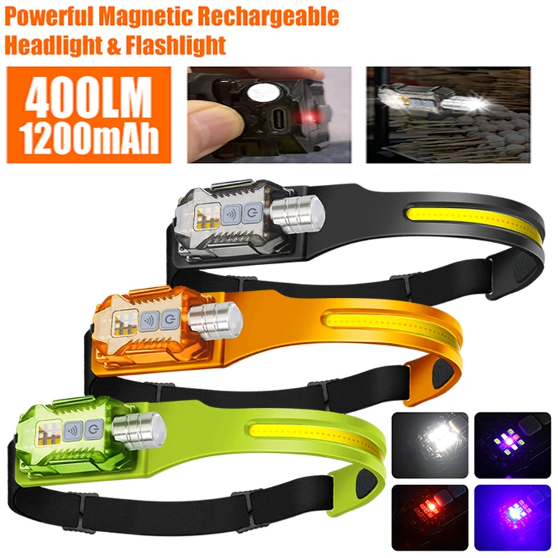 

COB LED Sensor Induction Headlamp Detachable Zoomable Headlight Rechargable Head Torch Fishing Camping Lantern with Side Light