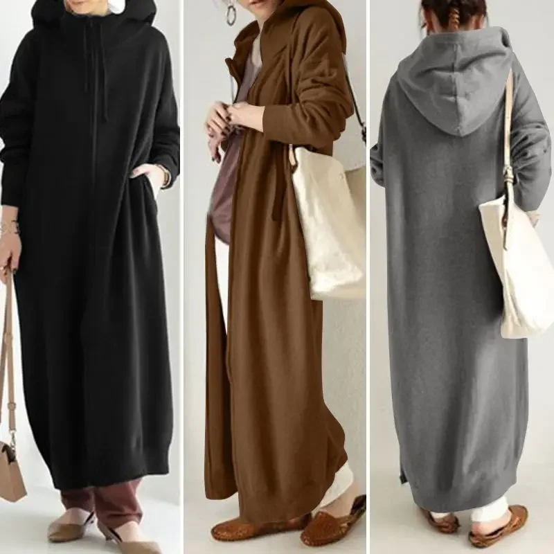 Autumn/Winter Muslim Dress Women\'s Sweatshirt Long Sleeve Fashion Hooded Korean Long Top Casual Solid Zipper Warm Fleece Coats