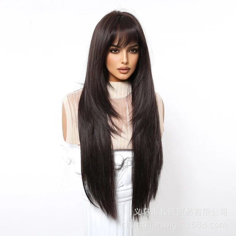 

Women's hair , new full-head style with air bangs, black long straight layered fashion wig