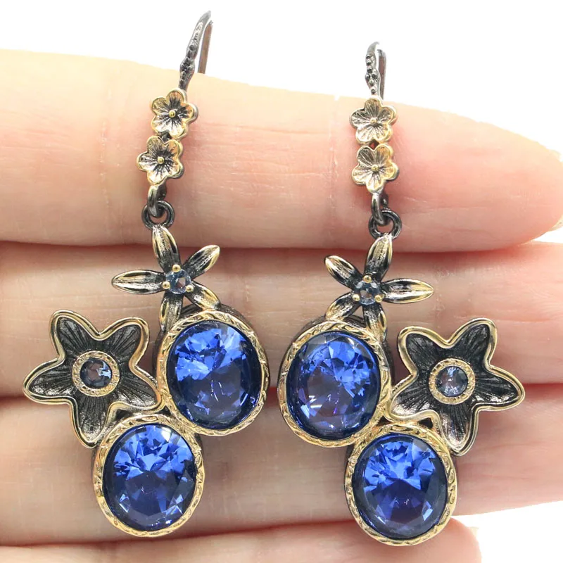

Buy 4 Get 1 Free 55x25mm Neo-Gothic 13.6g Violet Tanzanite Pink Kunzite Women Present Black Gold Silver Earrings