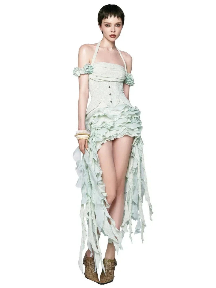 

Women Ruffles Draped Dress Three Piece Sets Sexy Halter Neck Folds Ruffled Dress+Lace-up Corset Top+Shorts Suits Party Cocktail
