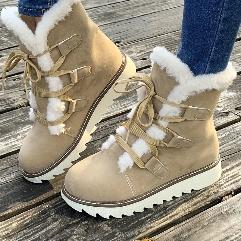 

Women's Plush Lined Mid Calf Snow Boots - Waterproof Anti-Slip, Thermal Insulation Lace Up Outdoor Winter Boots for Cold Weather