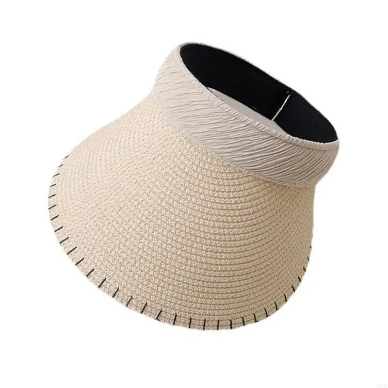Straw Weaving Wide Brim Empty Top Hat Summer Sun Hat Seaside Visor Hat for Adult Teens Picnics Camping Outdoor Hat Y08E