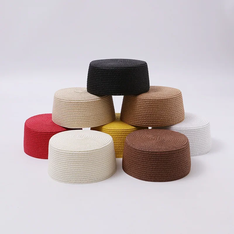 Ins Blogger Yellow Flat Top Pillbox Hat Women Handmade Straw Beanie Summer British Beret Simple Fedora Cap
