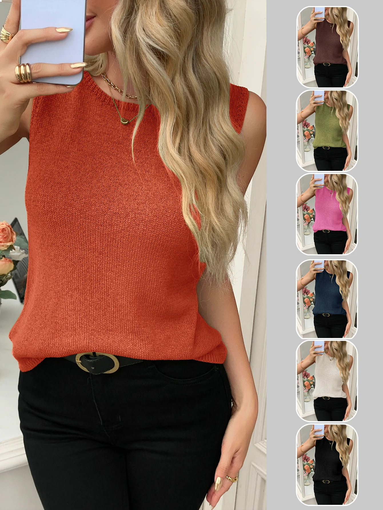 Commuting 2026 New Women's Summer Loose Round Neck Sleeveless Breathable Knitted Vest Casual Inner Sweater Top for Ladies