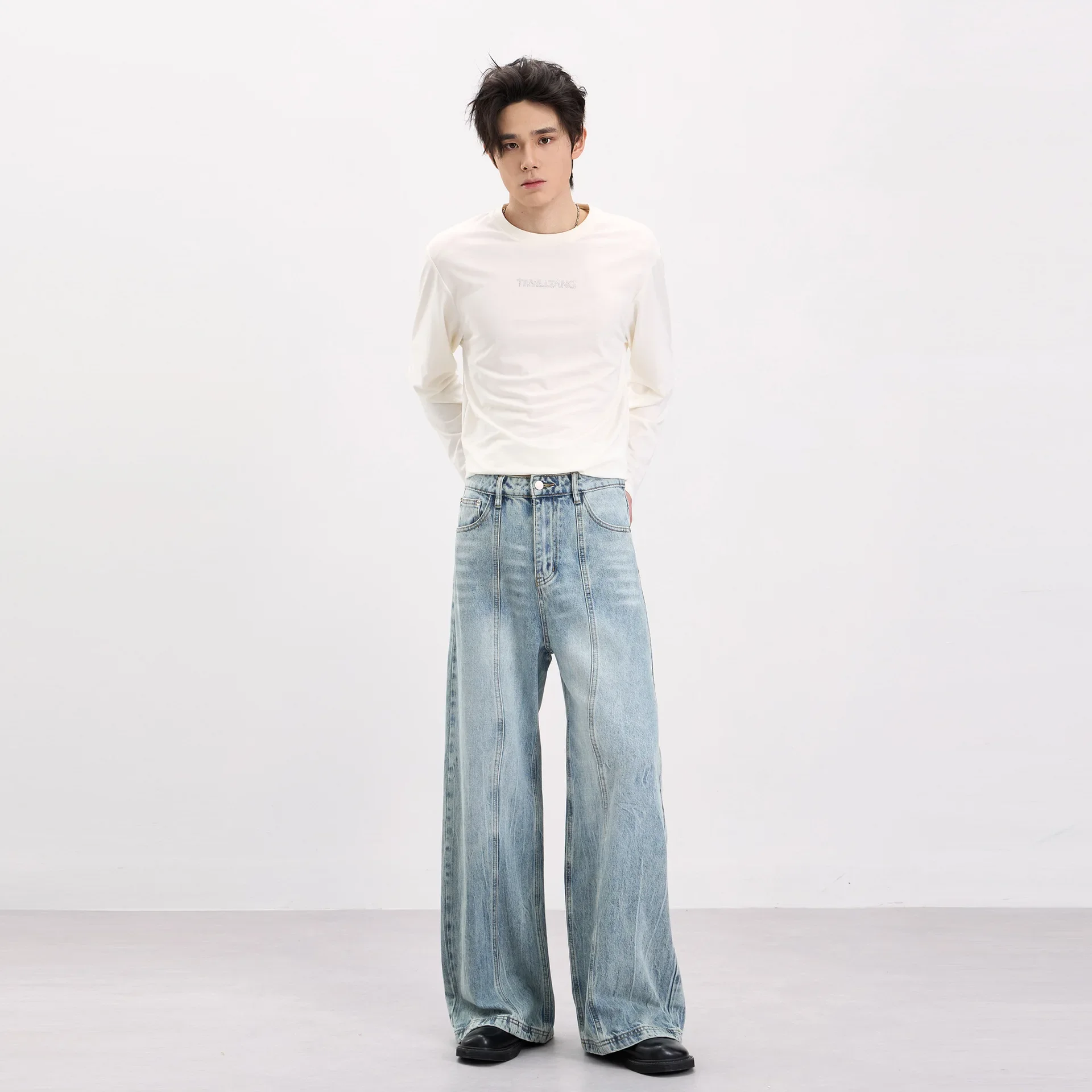 Men's Type A Straight Wide Leg Casual Trendy Light Blue Simple Basic Daily Jeans Pants Male American New Fashion Denim Trousers