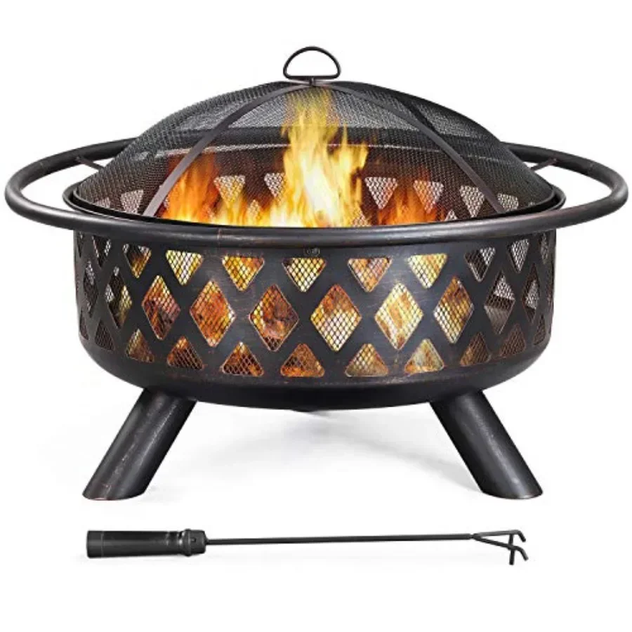 Outdoor wood burning fire pit, 36in large steel bowl with black finish, weather-resistant for patio BBQ and bonfire use, includ
