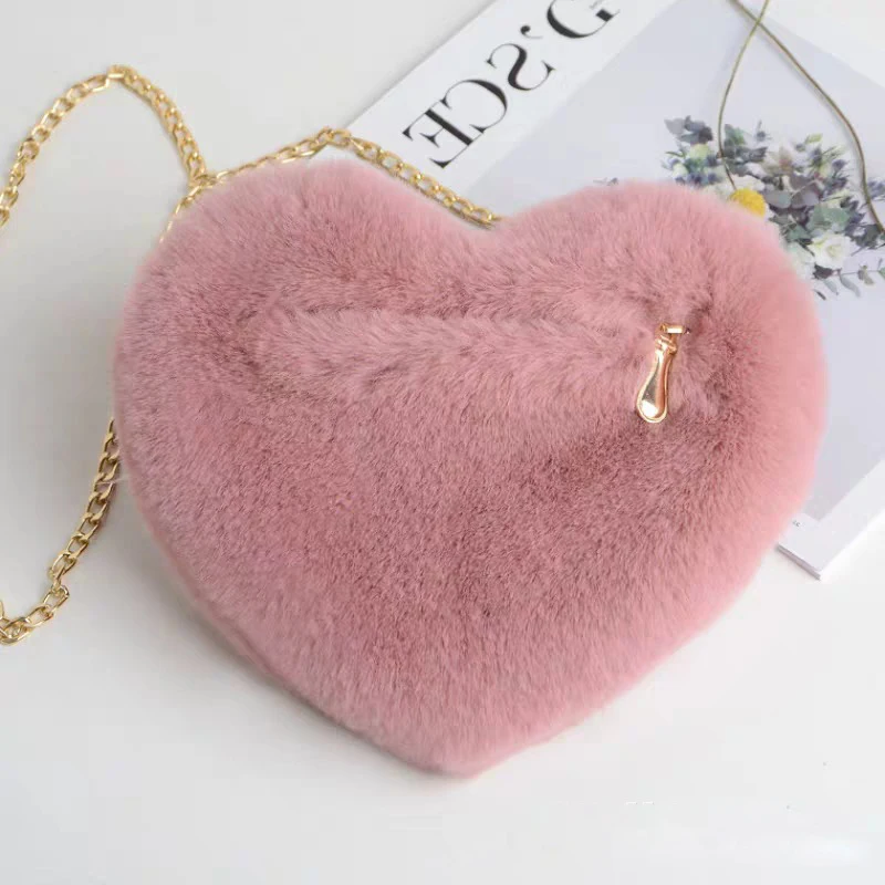 Sacs à main en forme de coeur pour femmes, sacs à bandoulière en fausse fourrure Kawaii, portefeuille mignon, sac à main en peluche JOinitiated, sac à main pour dames, mode