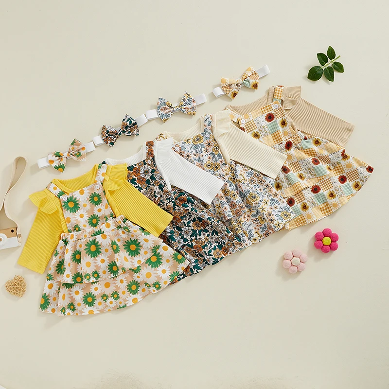 Conjunto de roupas de bebê menina, macacão de manga comprida, vestido floral suspenso, faixa bonito, roupa de outono para criança, 0-24 meses, 3 peças