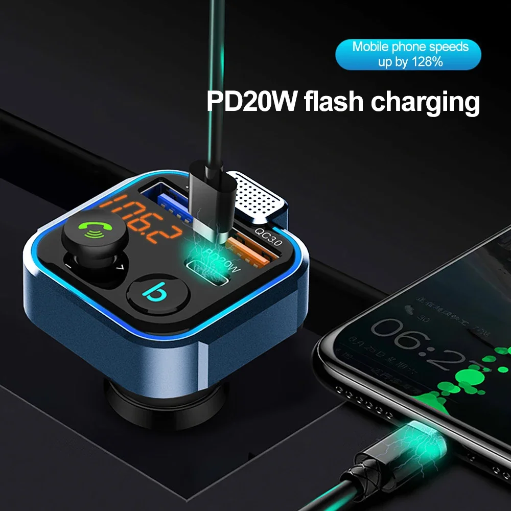 Bluetooth 5.0 FM Transmitter dual microphones 38W PD QC3.0 Phone Charger For U-disk AUX playback portable in-car audio adapter