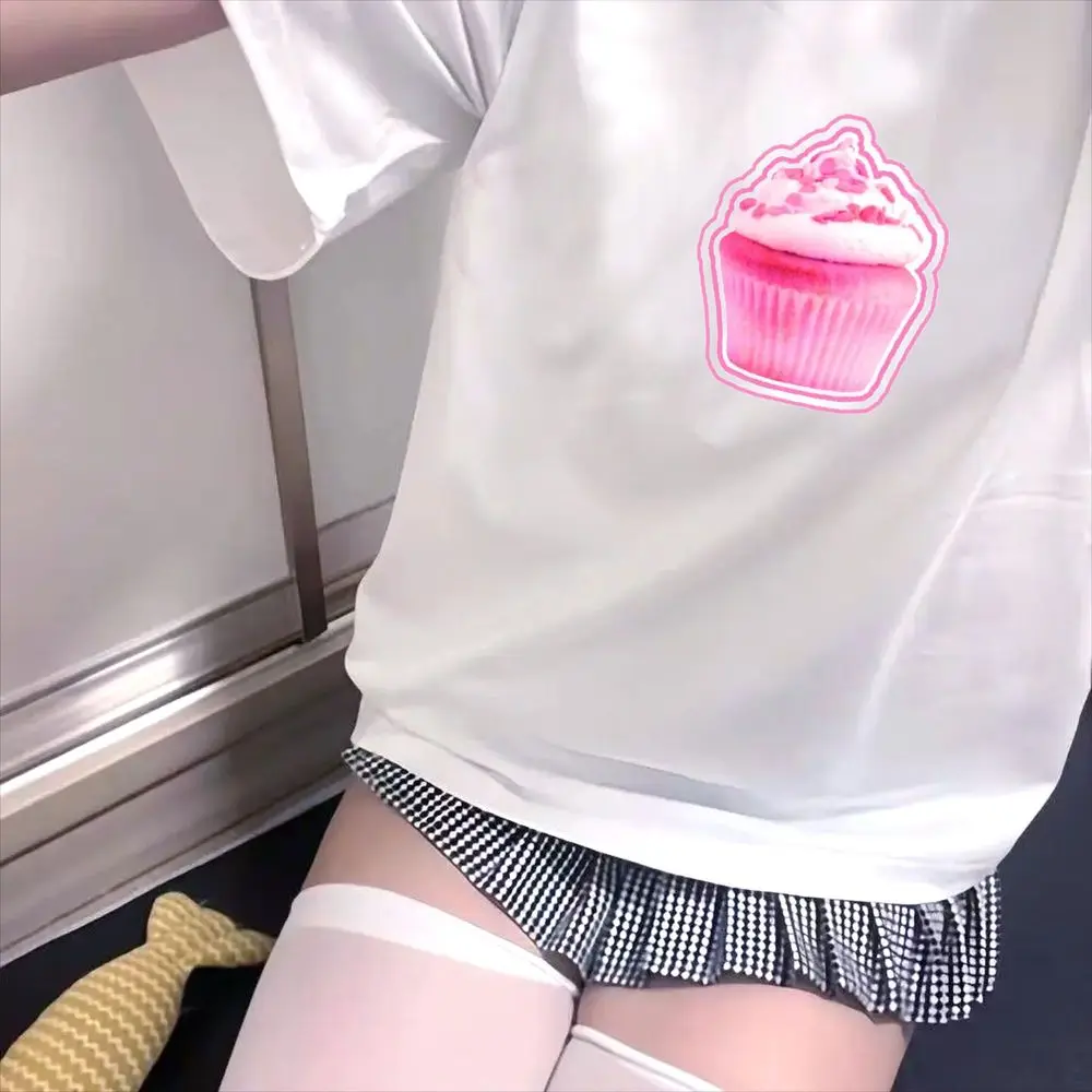 Y2k Cupcake Graphic T-Shirt Women Summer Short Sleeve Pink Cake Print Vintage Tops Casual Fashion Harajuku Street Sale Clothes