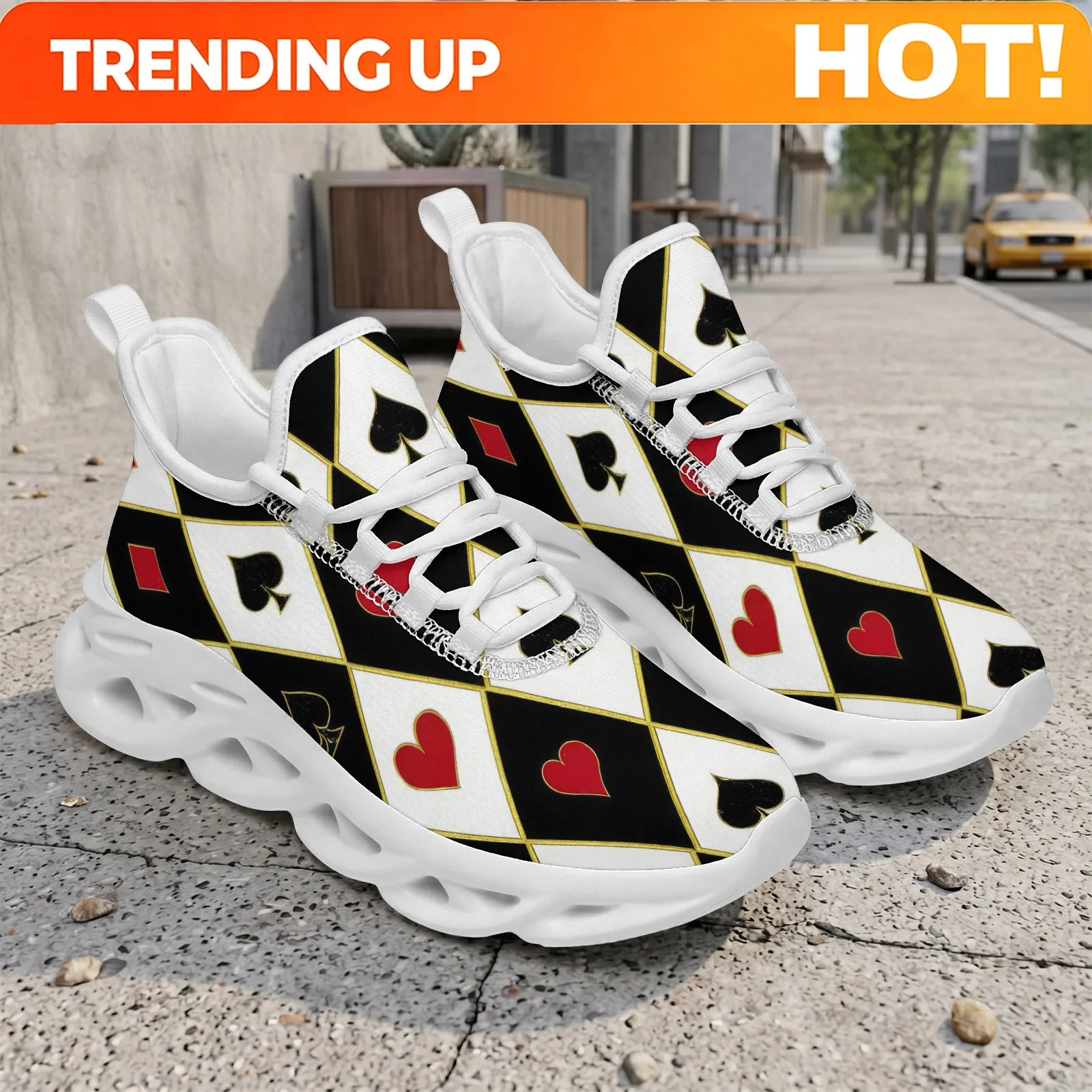 Custom COOLCUSTOMIZE Men's Wide Fit Plus Size Breathable Sneakers - Low-Top Checkerboard Poker Print Sneakers With Sole, Lace-Up
