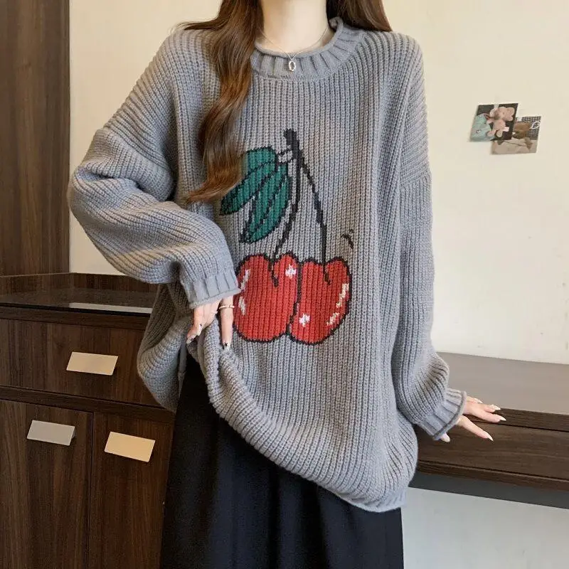 

Свитер трикотажа женский корейский японский женский костюм больших размеров с вишневым принтом мягкий вязаный свитер пуловер с круглым вырезом топ