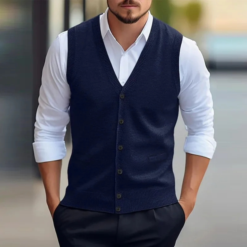 KIDWHXR Autumn Men Knitted Vest Simple Solid Color V-neck Waistcoat Man Slim Single-breasted Sleeveless Versatile Male Tops