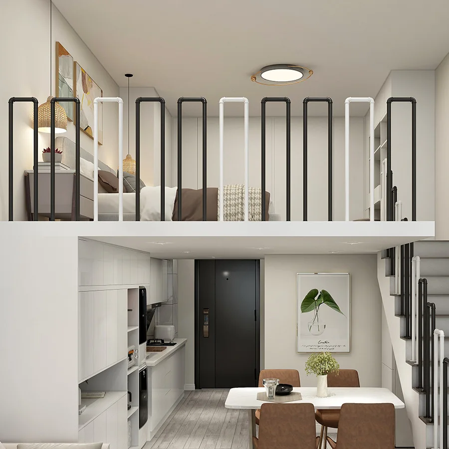 

Industrial wind staircase handrail metal water pipe indoor protective railing corridor attic reinforced fence