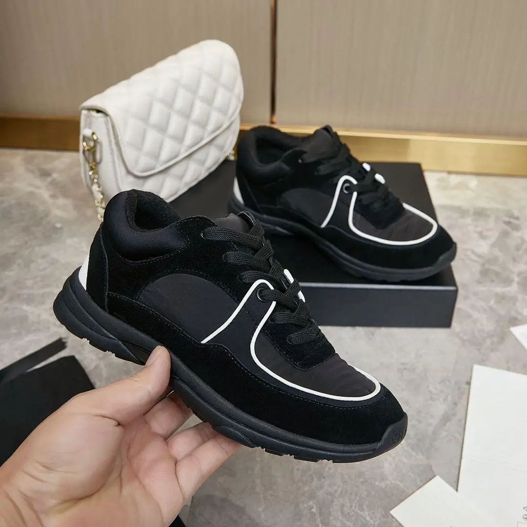 Unisex Black Mixed Material Mid Top Sneakers White Line Trim Lace Up Round Toe Non-slip Outdoor Walking Casual Shoes