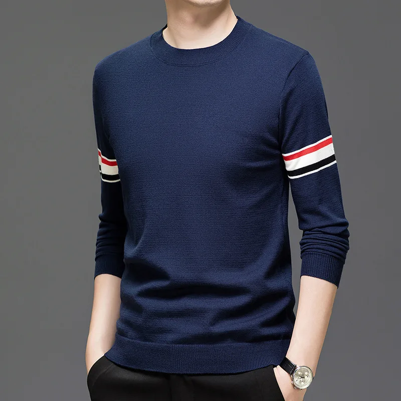 

Новый свитшот, мужские базовые однотонные свитера с круглым вырезом, эластичные пуловеры с круглым вырезом, теплый осенний вязаный свитер большого размера для мужчин