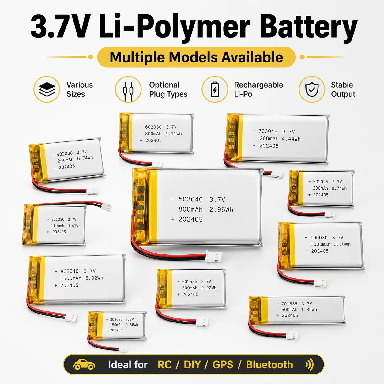 3.7V Rechargeable Batteries Multiple Sizes, High Capacity Lithium Polymer for Bluetooth Headset Smart Watch GPS Speaker Drone