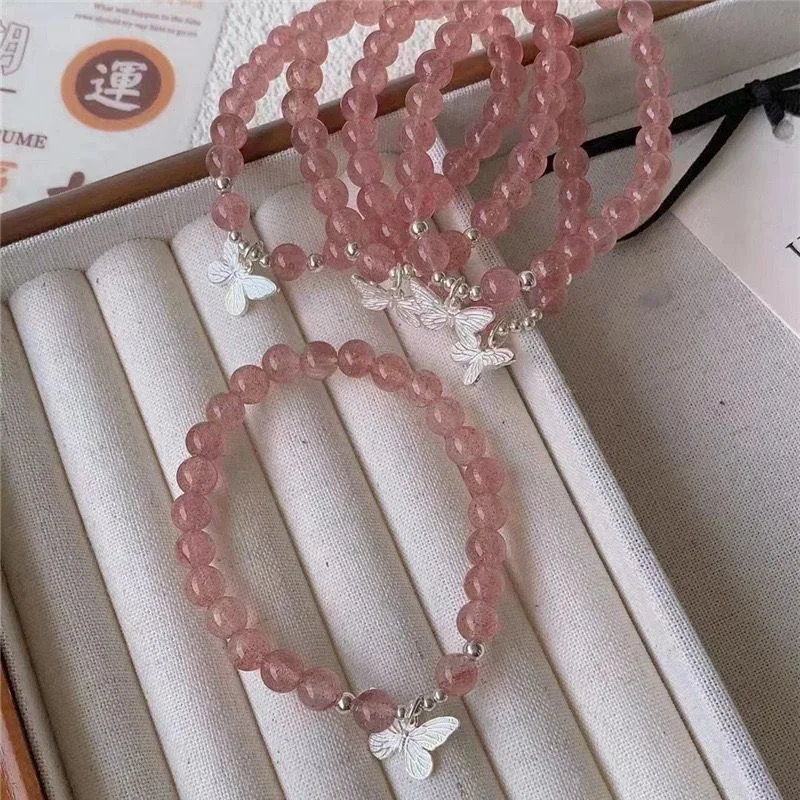 

Natural Strawberry Quartz Beads Bracelet Gemstone Real Jewelry Designer Vintage Carved Amulet Butterfly Bangle Gifts for Women