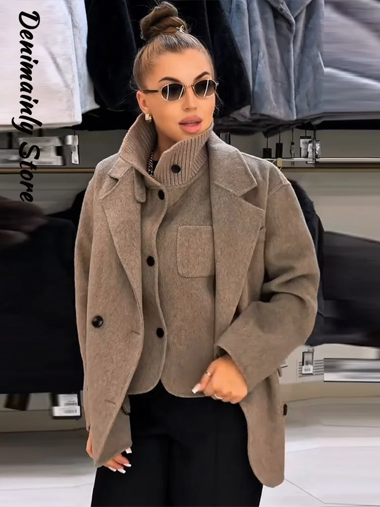 Vintage Women's Woolen Short Coat Loose Lapel Long Sleeve Breasted Jacket Knitted Collar Vest 2026 Autumn Lady 2 Piece Set Coats