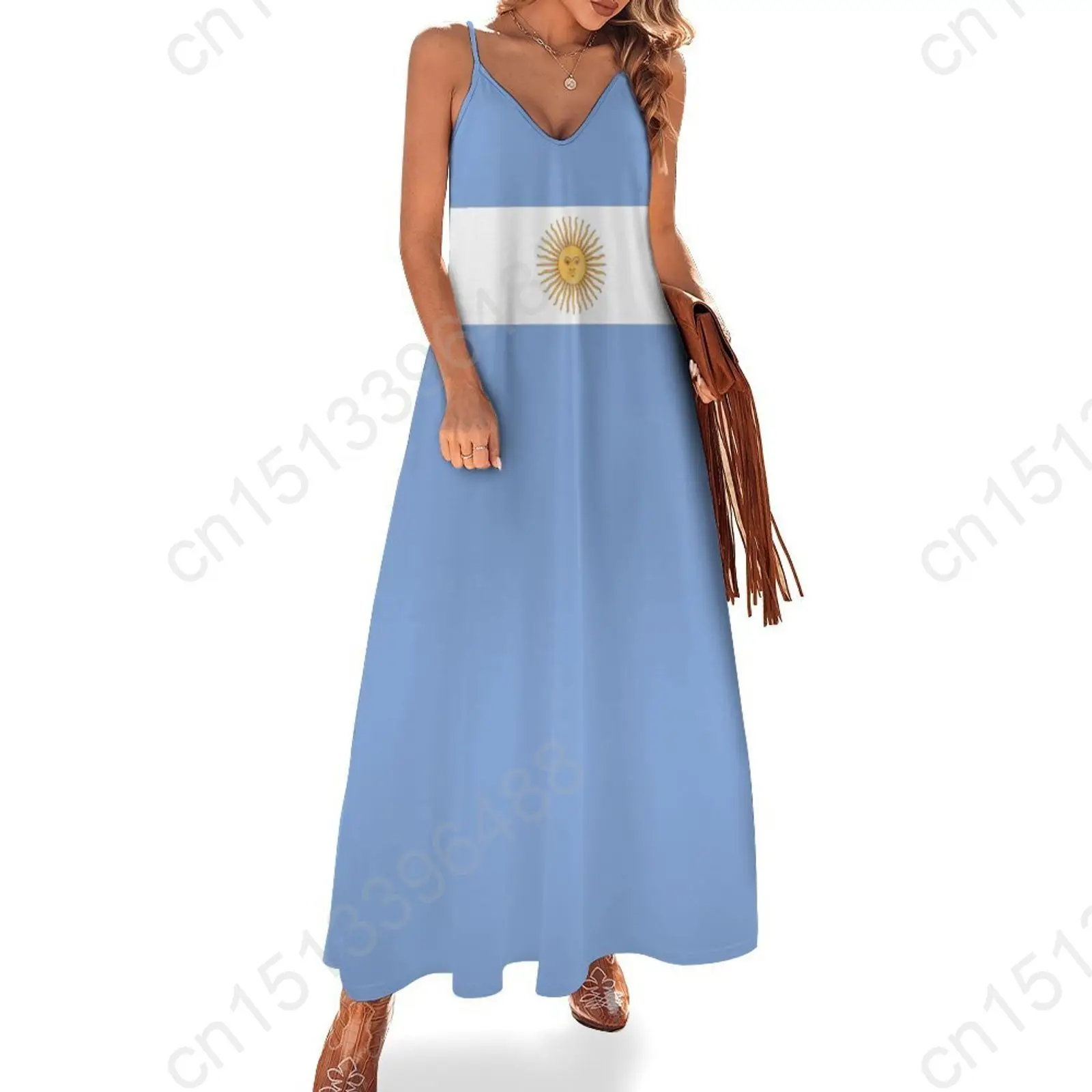 Argentina Flag Print New Casual Sleeveless Long Dress Women's V-Neck Printed Dress Swing Retro Dresses