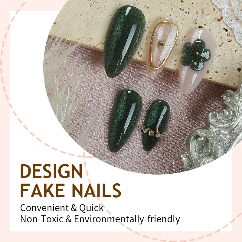 

24pcs False Nails Cat Eye Almond Shape Dark Green with Irregular Lines Press-on Nails Suitable As A Gift for Girls and Friends
