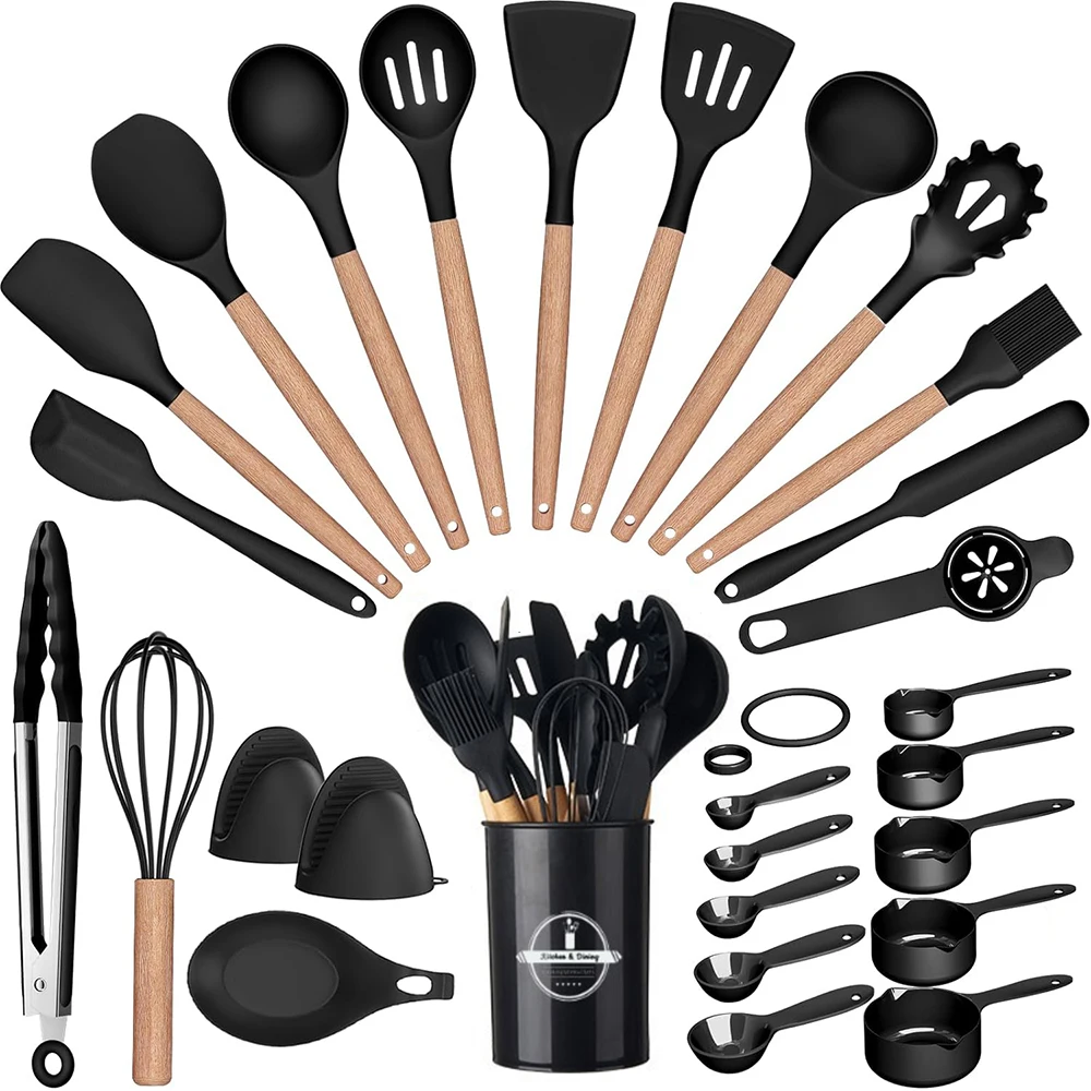 LMETJMA 28 Pcs Silicone Cooking Utensils Kitchen Utensil Set 446°F Heat Resistant Kitchen Gadgets Spatula Set With Holder JT263