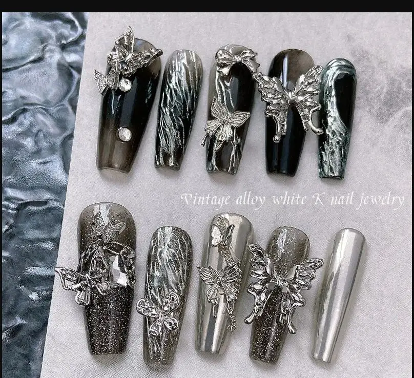 50pcs Retro Silver Alloy Bow Nail Charms Luxury Ribbon Butterfly Wings Y2K Metal Nail Art Rhinestones Decor Manicure Accessories