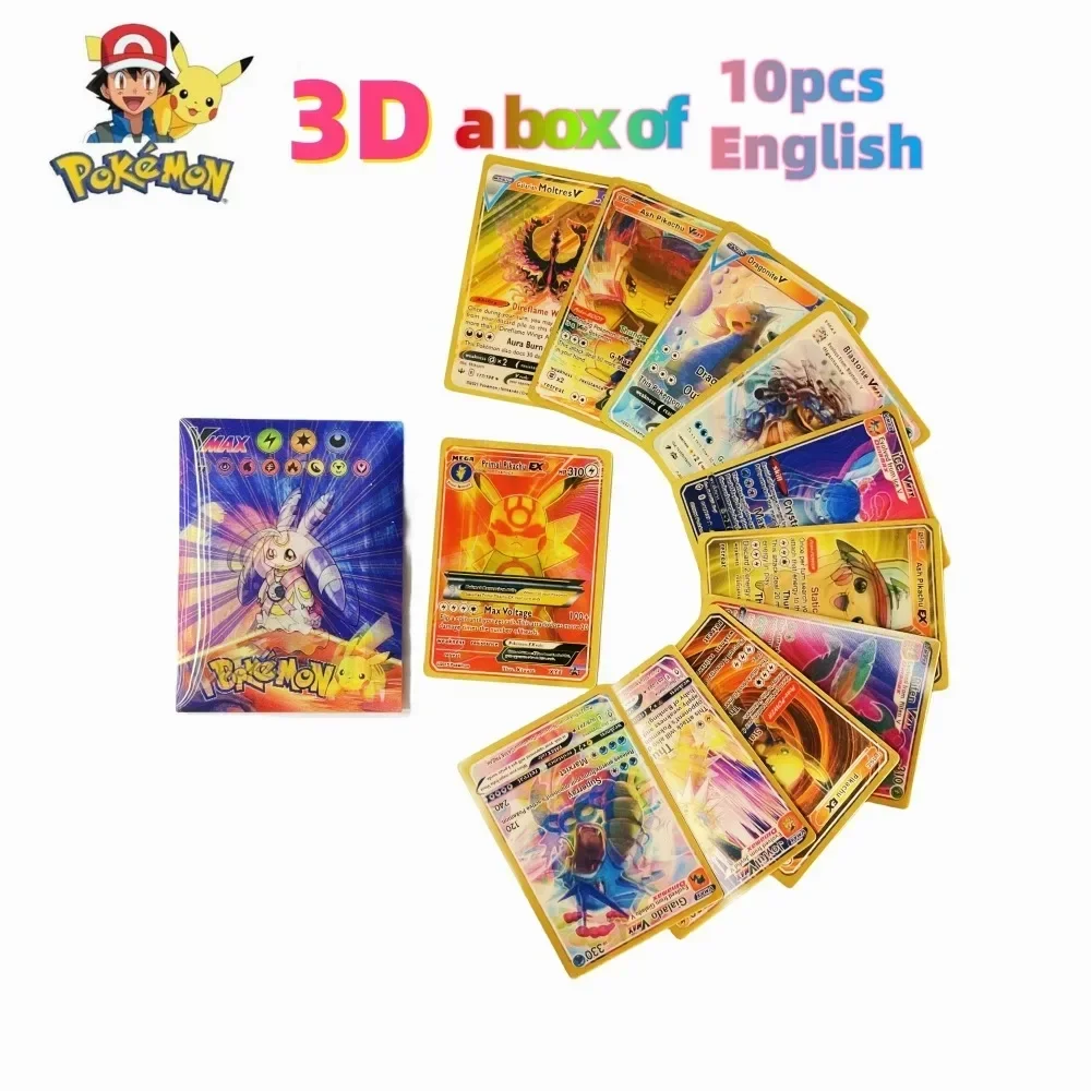 Pokemon 3D Shining Rainbow Cards, Trading Game Collection, Battle Card, Brinquedos para crianças, Inglês, Vmax, Gx, Charizard, Pikachu, 2024, 60Pcs