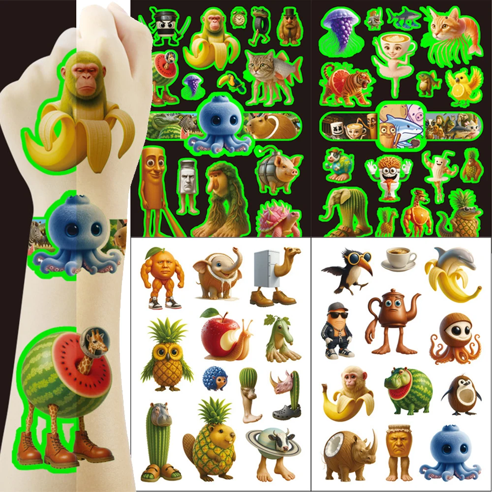 

Cartoon Tung Tung Sahur Luminous Temporary Tattoo Stickers Funny Abstract Animal Decals Body Art Tattoo Sticker Toy for Kid Gift