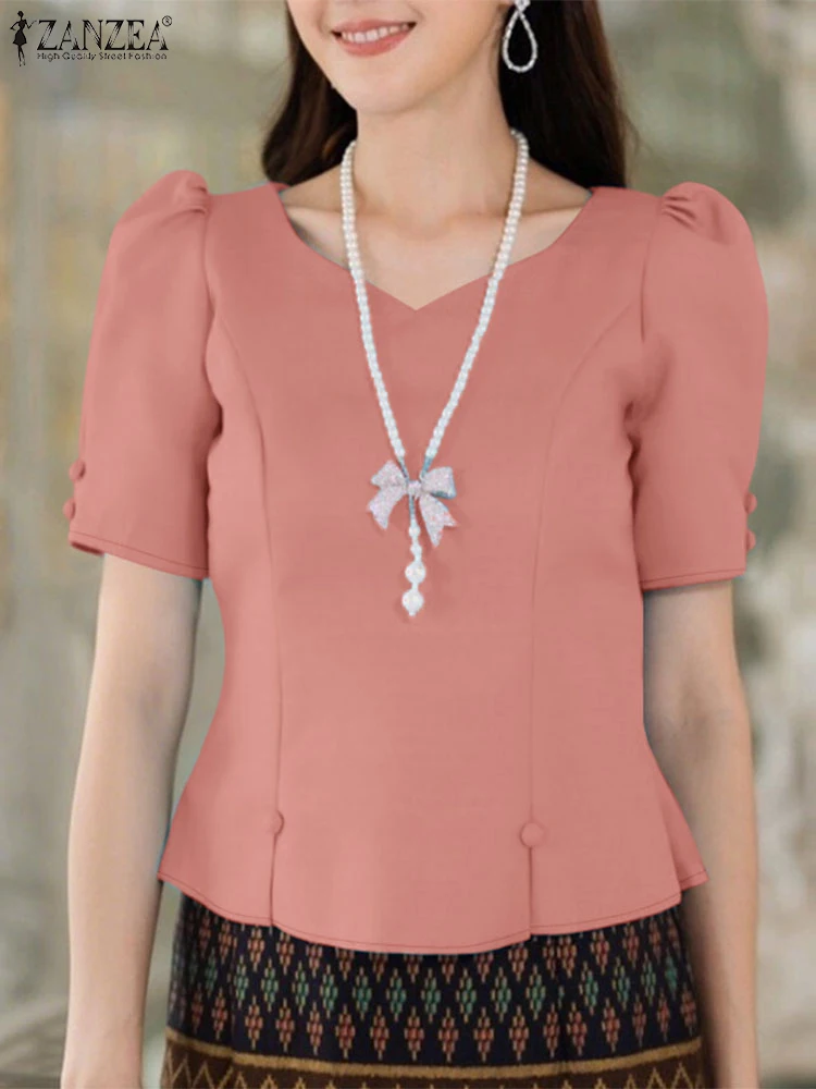 

ZANZEA Woman Side-Zipper Blusas Mujer Commute Office Slim-Fit Fashion Elegant Tops Short Puff Sleeve V-Neck 2025 Summer Blouses